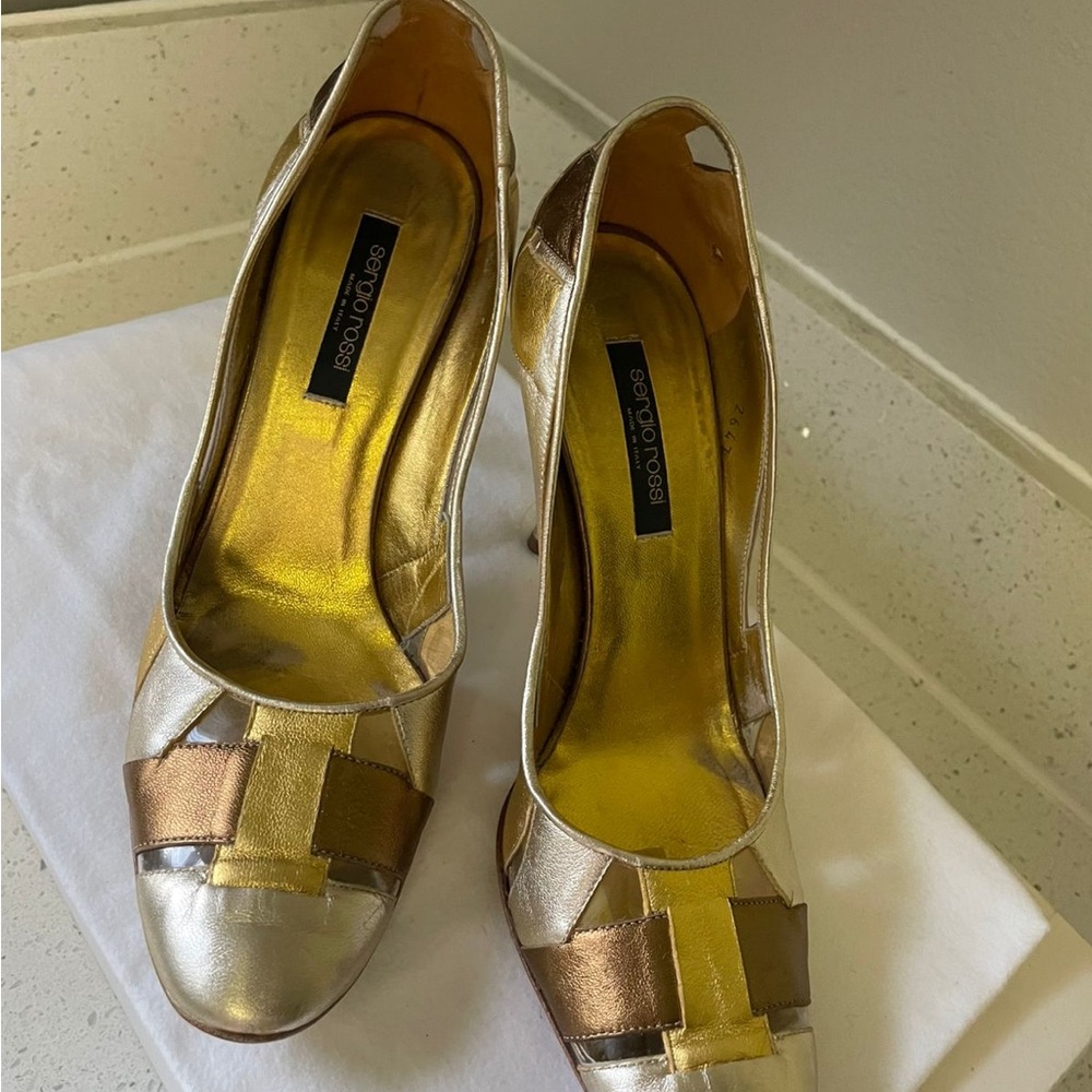 Sergio Rossi Gold and Silver Heels with Bronze Details